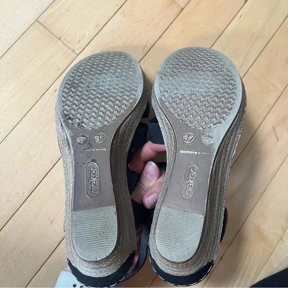 Rieker Wedge Sandals Womens Size 37 EU Shoes Black Slingback Espadrille Leather - Picture 7 of 9